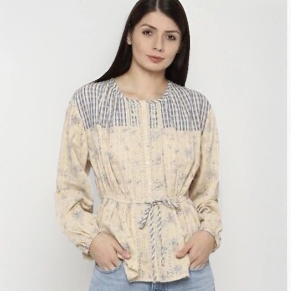 AMERICAN EAGLE Top XS Floral Button Down Peplum Top Lace Embroidery Boho Peasant